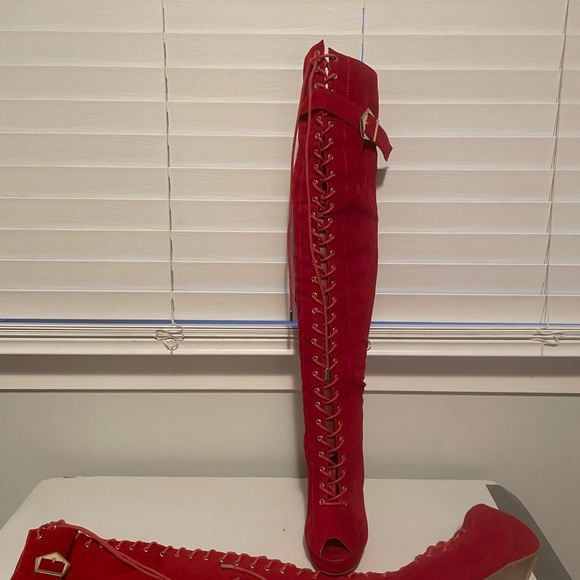 Red Lace-Up Stiletto Boots - Picture 2 of 4
